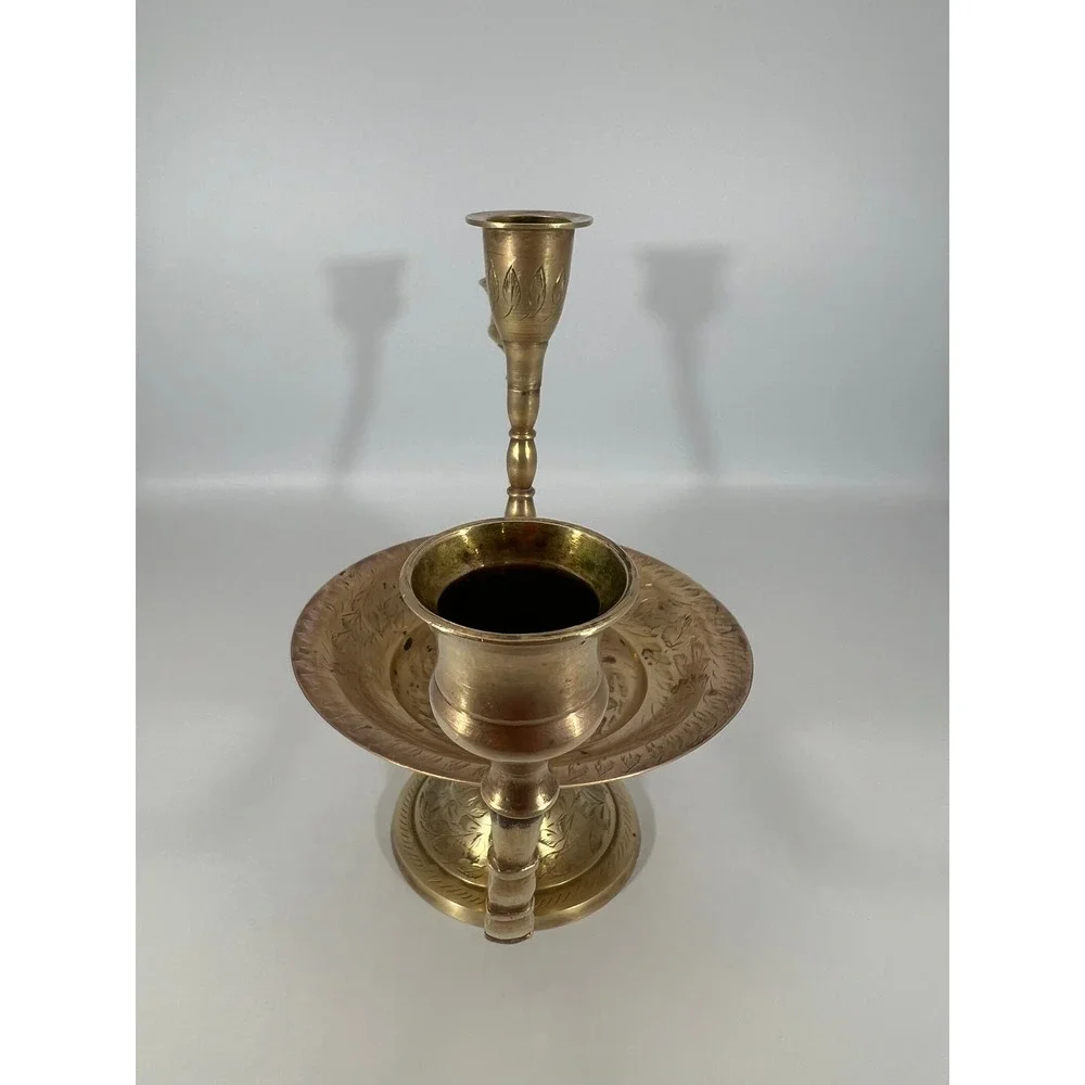 Vintage Etched Brass 3 Arm‎ Candelabra Centerpiece India 9.5 Inch